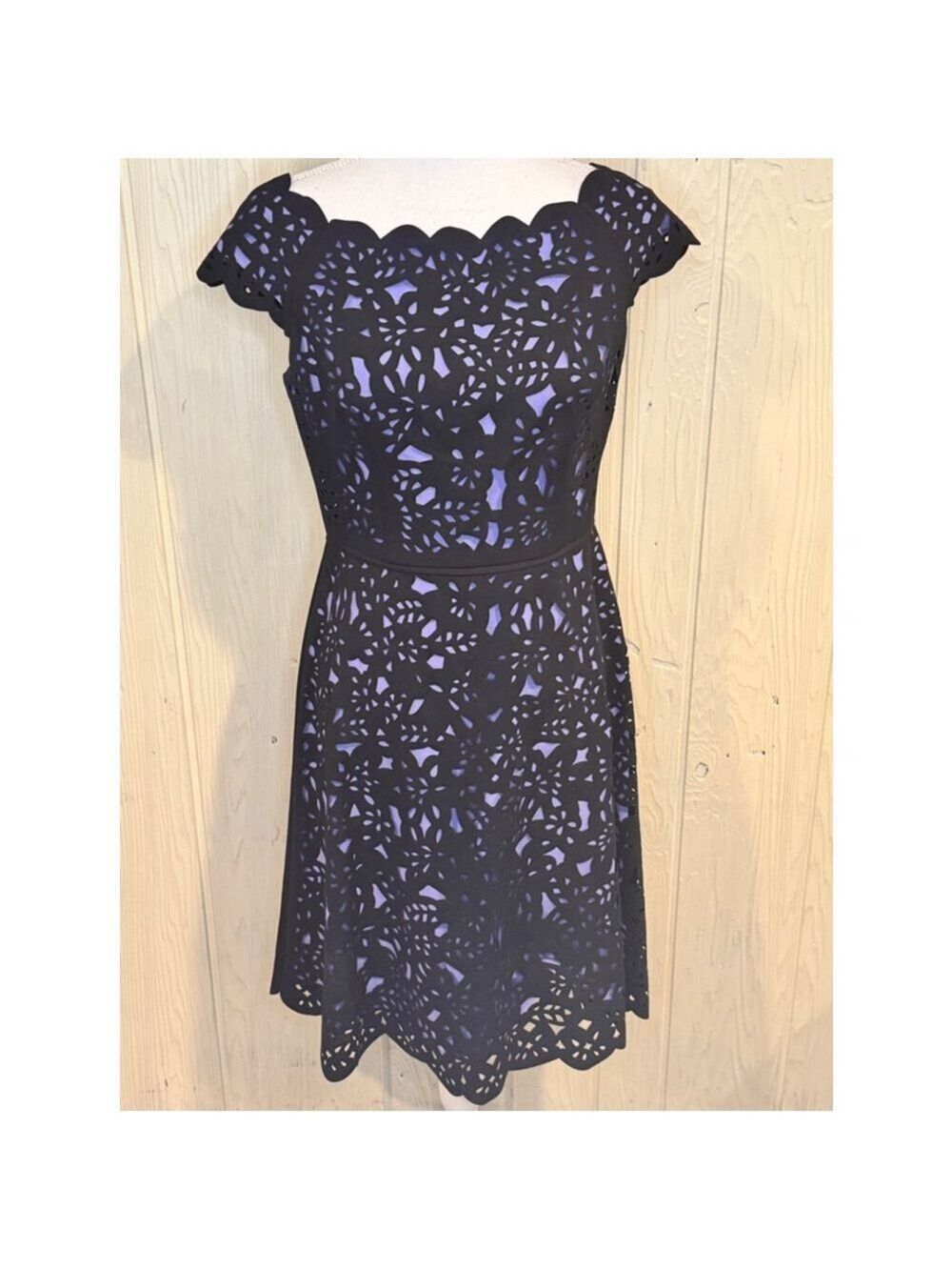 NUE by Shani Black Purple Laser Cut Off Shoulder Dress Size 6